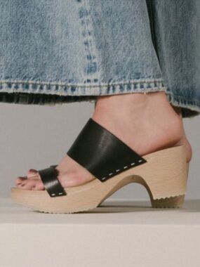 Anthropologie Black Leather Two-Band Wooden Clog Sandals
